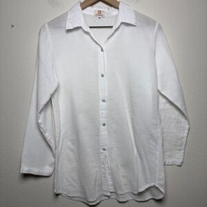 Floating Lotus Women White 100% Cotton Button Down Shirt Medium Long Sleeve